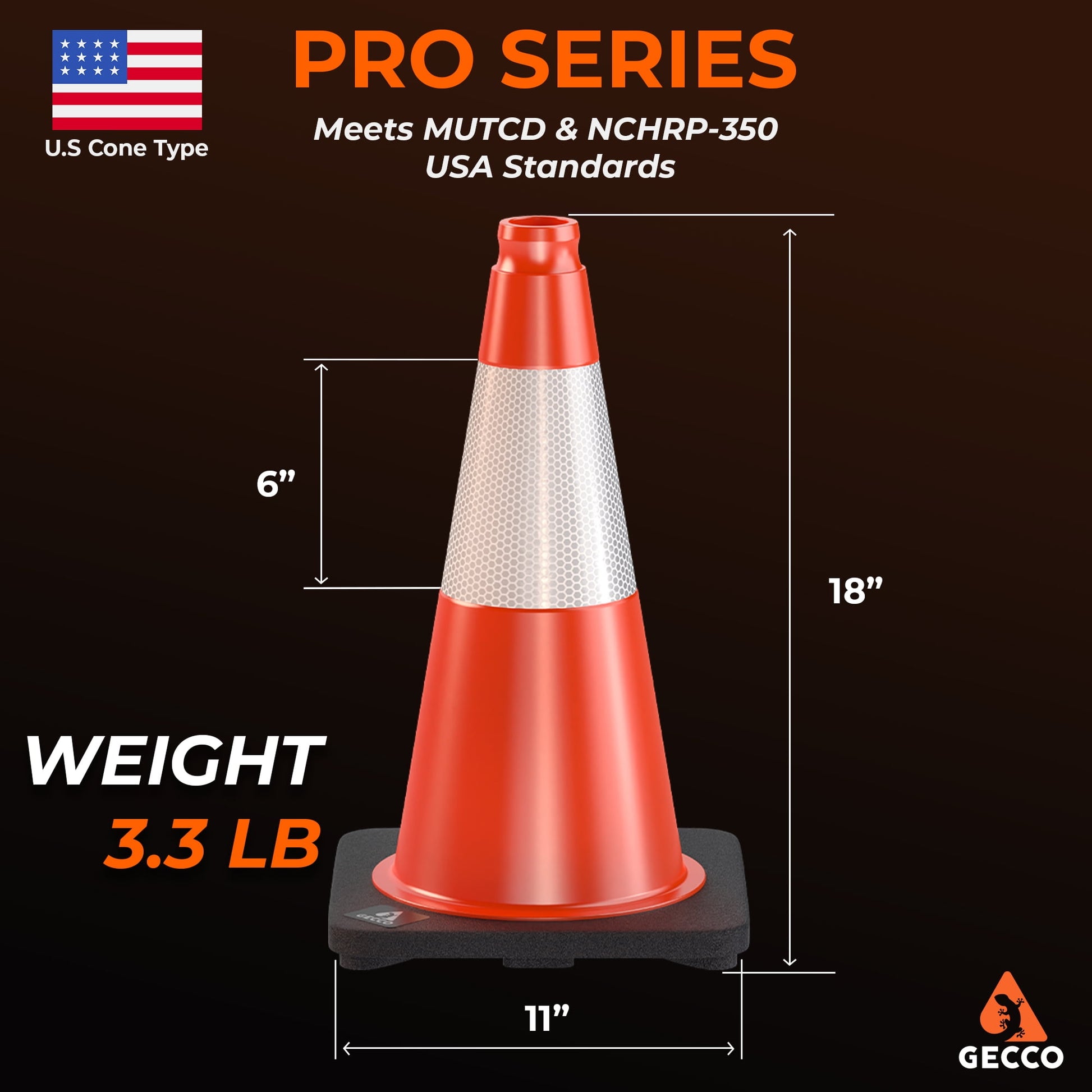 GECCO™ (640 Cones per Pallet) 18 Inch 3.3 Lb Orange Traffic Cones in Bulk | PVC Plastic & Black Base - [PRO SERIES]