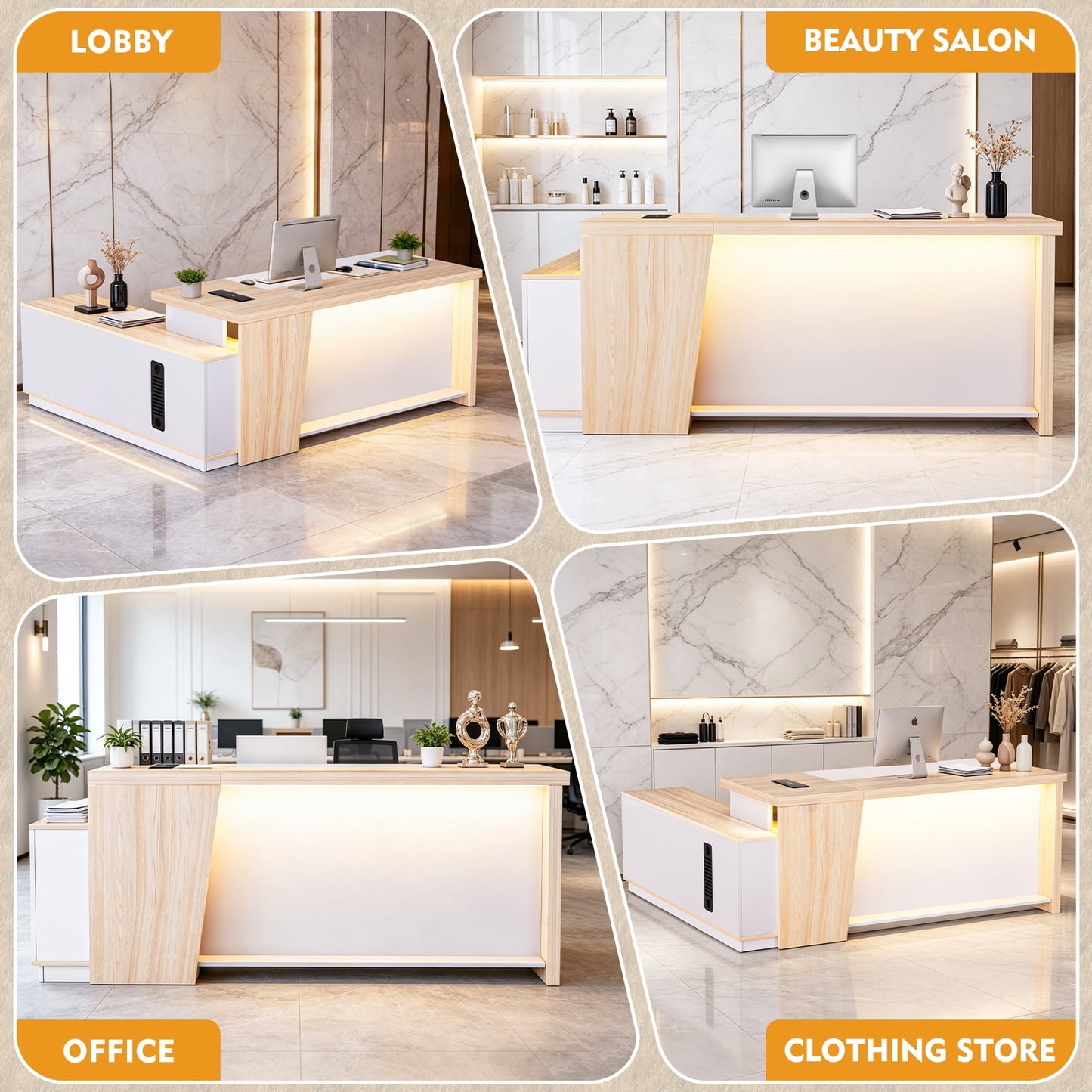 STICCIO L-Shaped Reception Desk with RGB LED Lights, 3 AC Outlets, USB-C and Combination Lock Drawer, 78 x 63 inch Front Desk for Office Lobby Salon
