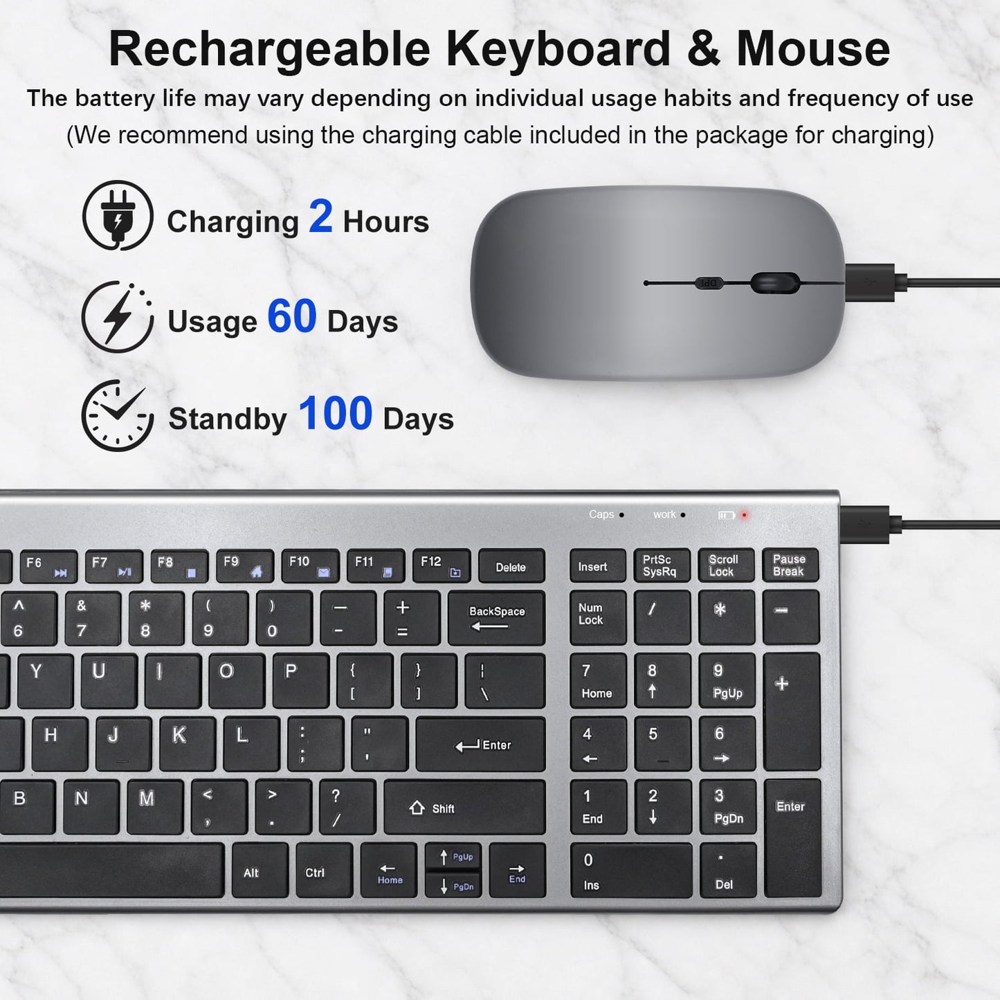 SANPTENT Slim Wireless Keyboard and Mouse Combo, Sleek Design, Rechargeable, Sleep Mode for Windows, Mac, Laptop, Space Gray