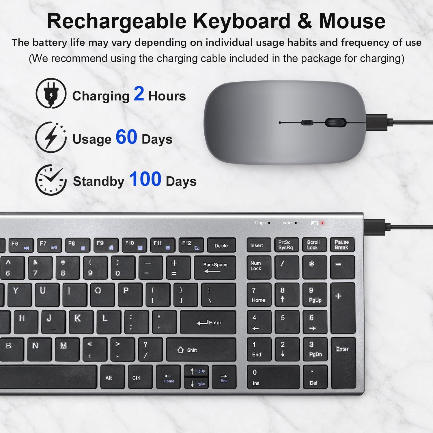 SANPTENT Slim Wireless Keyboard and Mouse Combo, Sleek Design, Rechargeable, Sleep Mode for Windows, Mac, Laptop, Space Gray