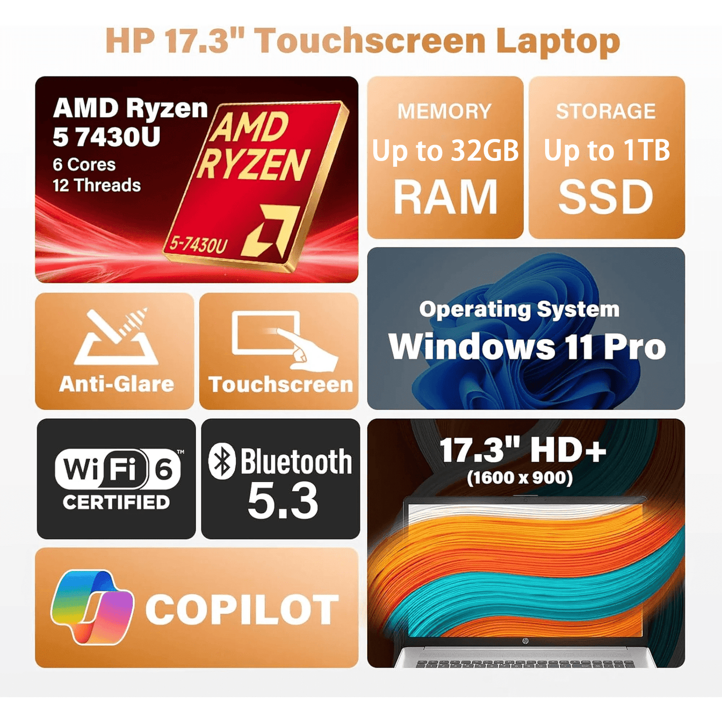 HP 17 Business Computer Laptop 2026, 17.3" HD+ Touchscreen Display, AMD Ryzen 5 7430U, Copilot AI, Backlit Keyboard, Wi-Fi 6, Fast Charge, Windows 11 Pro (8GB RAM | 256GB SSD)