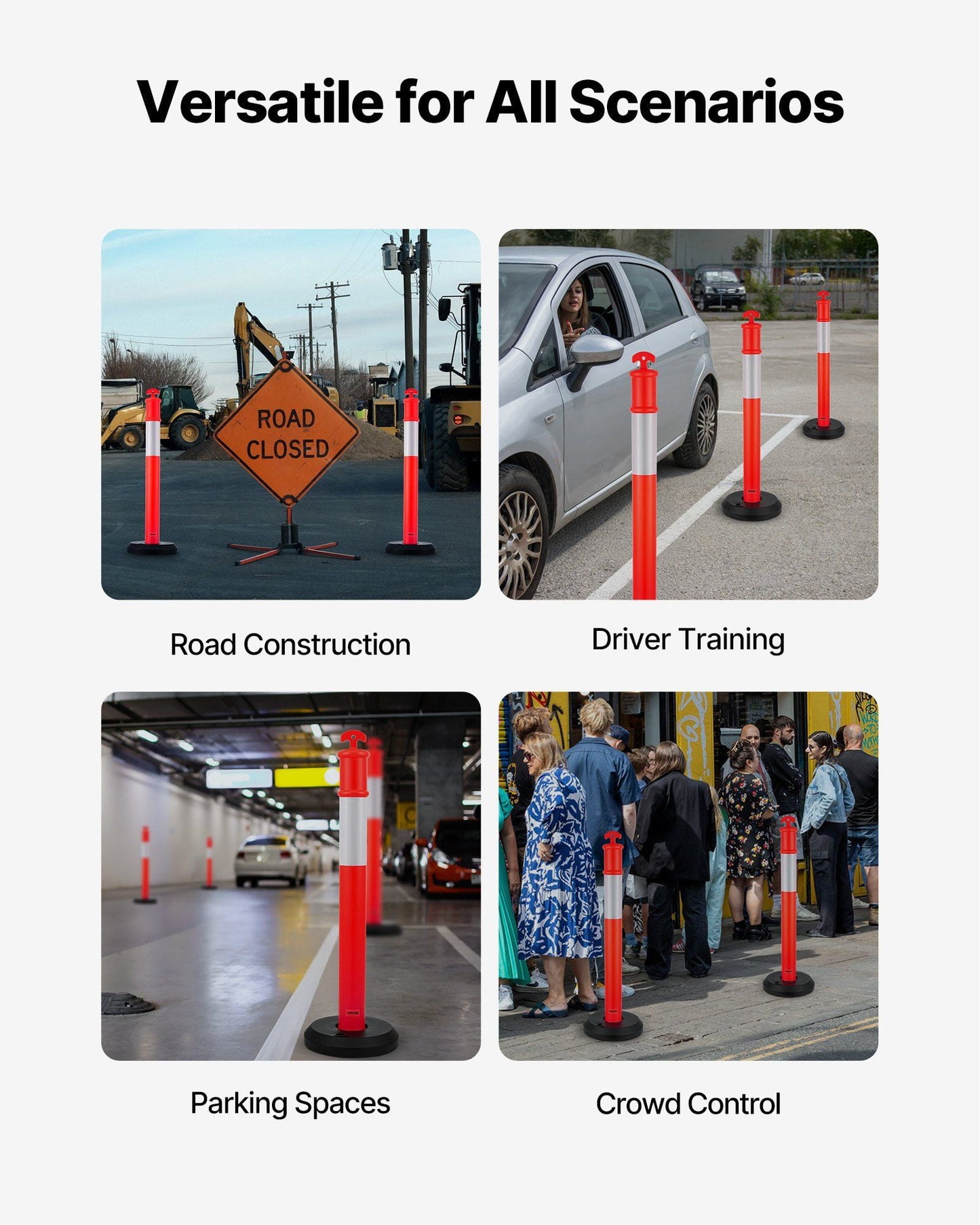9-Pack of 48-Inch Fillable Safety Cones with Reflective Strips – Heavy Duty Traffic Delineator Posts for Construction, Parking, and Event Crowd Control, Red