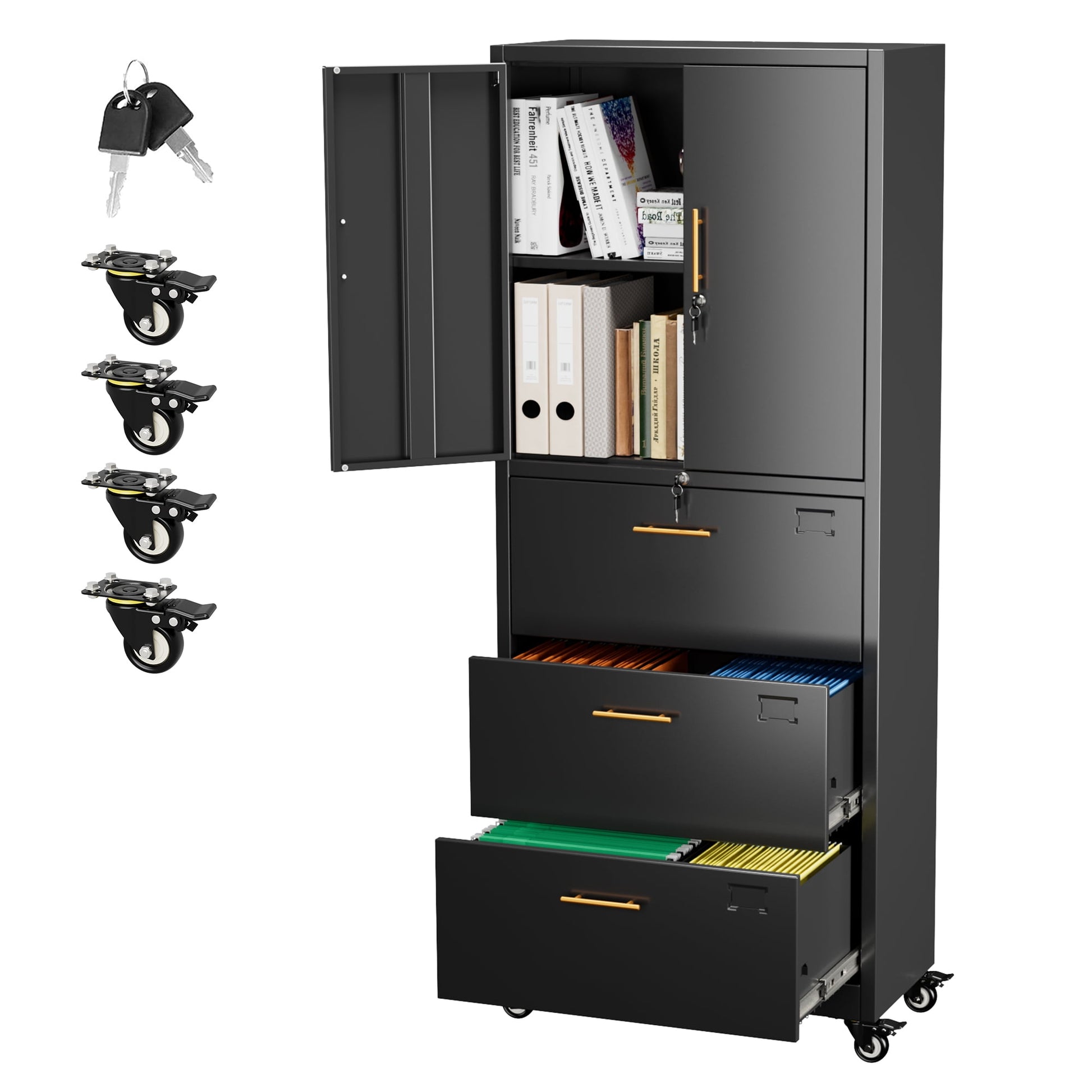 Aobabo 3 Drawer Metal Lateral File Cabinet with Wheels & Shelf , Wide Filing Cabinet with Lock for Office,Home,School,Garage,Fit A4/Letter/Legal File,Required-Assembly,Black