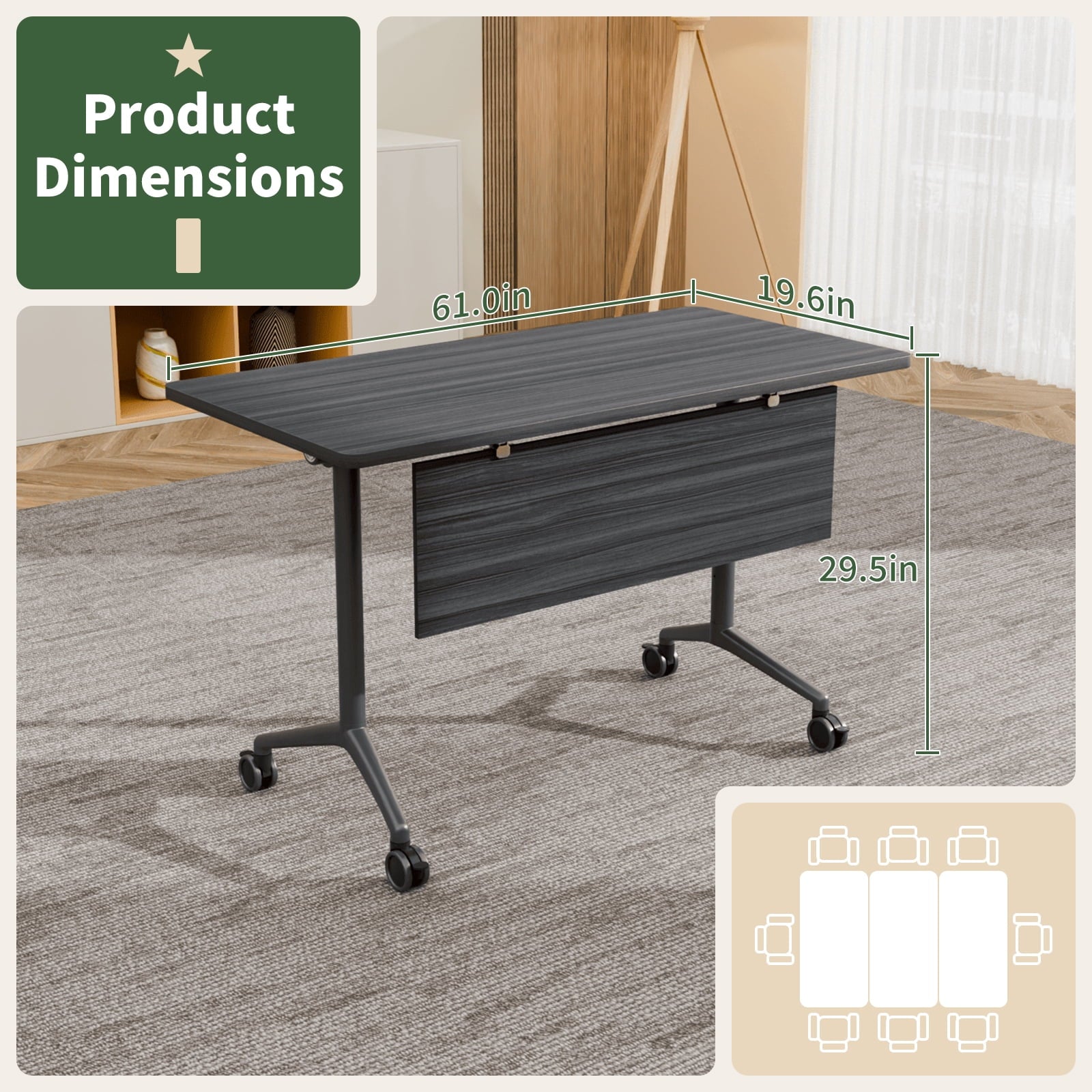 Folding Conference Room Tables with Silent Wheels, 6-12 Person Modern Foldable Modular Meeting Training desk for Office Seminar Boardroom (61 Ebony 8)