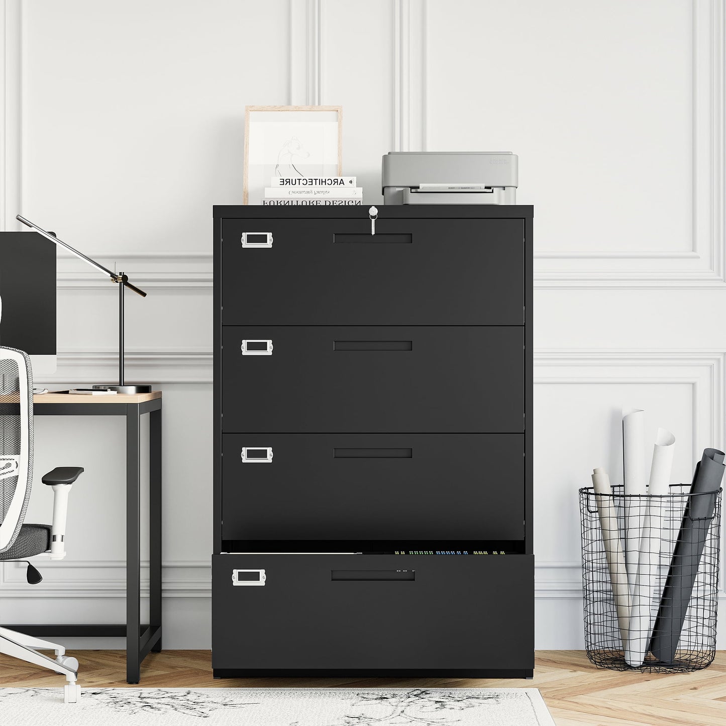 Fesbos Metal Lateral File Cabinets with Lock, 4 Drawer 28.5" Wide Filing Cabinets,Hanging Letter/Legal/F4/A4 Size, Assembly Required - Black