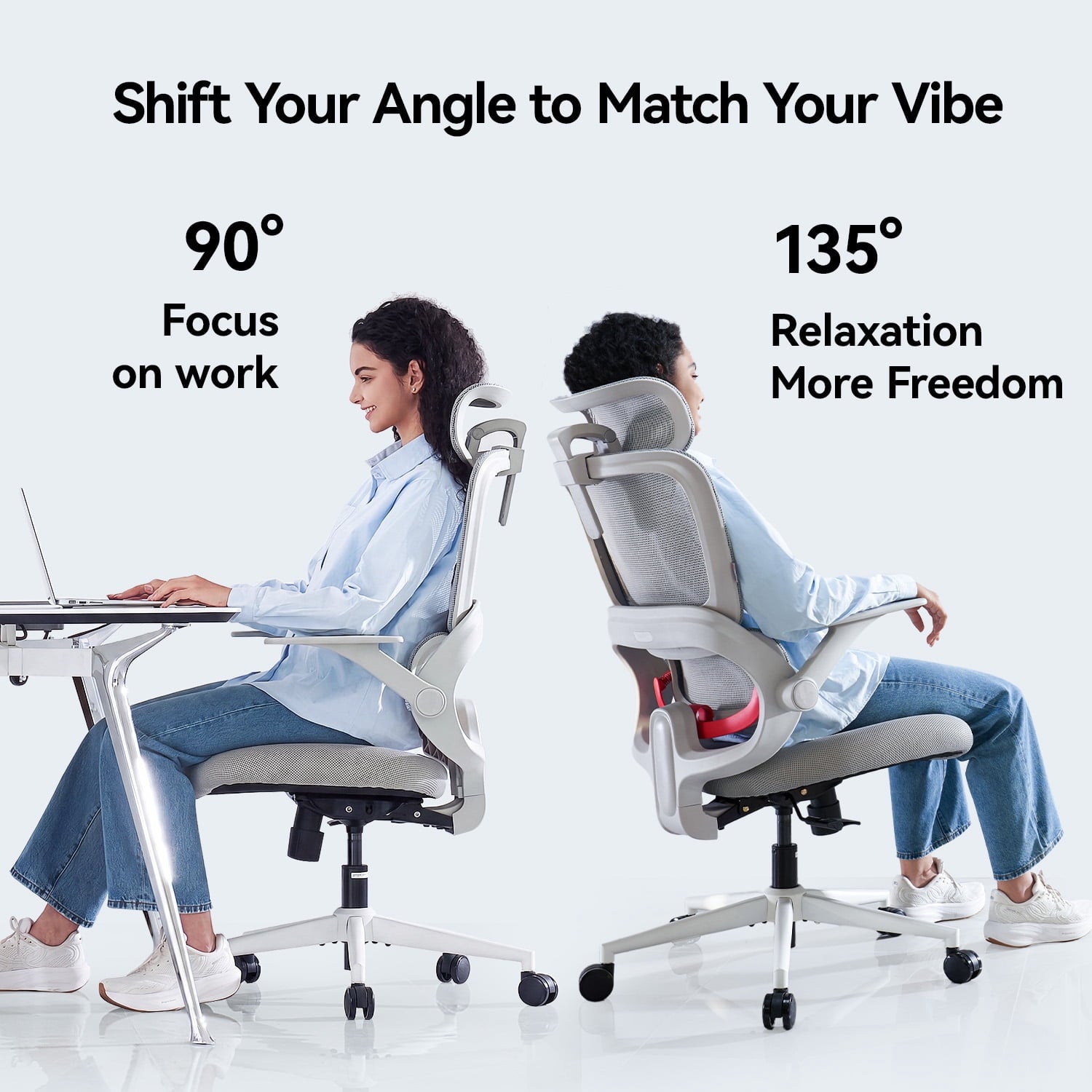SIHOO B100 Se Office Chair, Deak Chairs with Cotton Seat & Dual-Back, 2D Headrest & Flip-up Armrest, Comfort Mesh Ergonomic Chair for Home Office, Teen, 300lbs, Light Gray