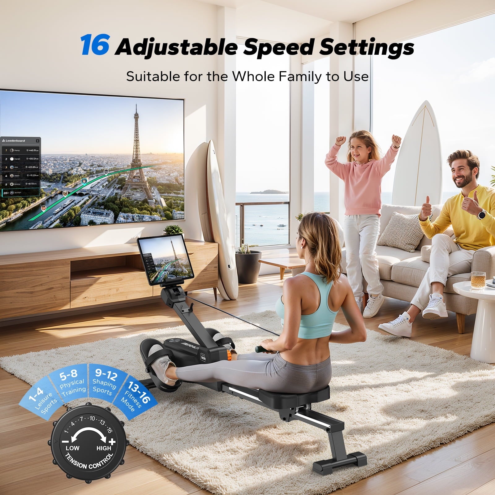 MERACH Magnetic Rowing Machine with 16 Levels, 350 lbs Weight Capacity, Silent Operation, Bluetooth App Support for Full-Body Home Fitness & Weight Loss