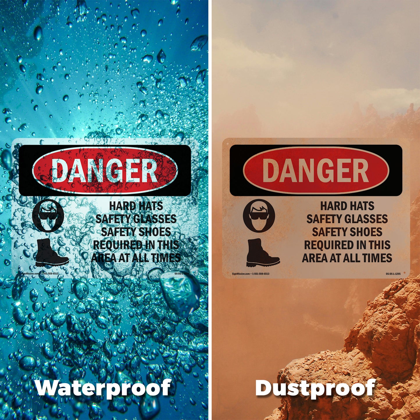 Hard Hats Safety Glasses Shoes Required OSHA Danger Aluminum Sign 24 Inch x 18 Inch - 5 Pack