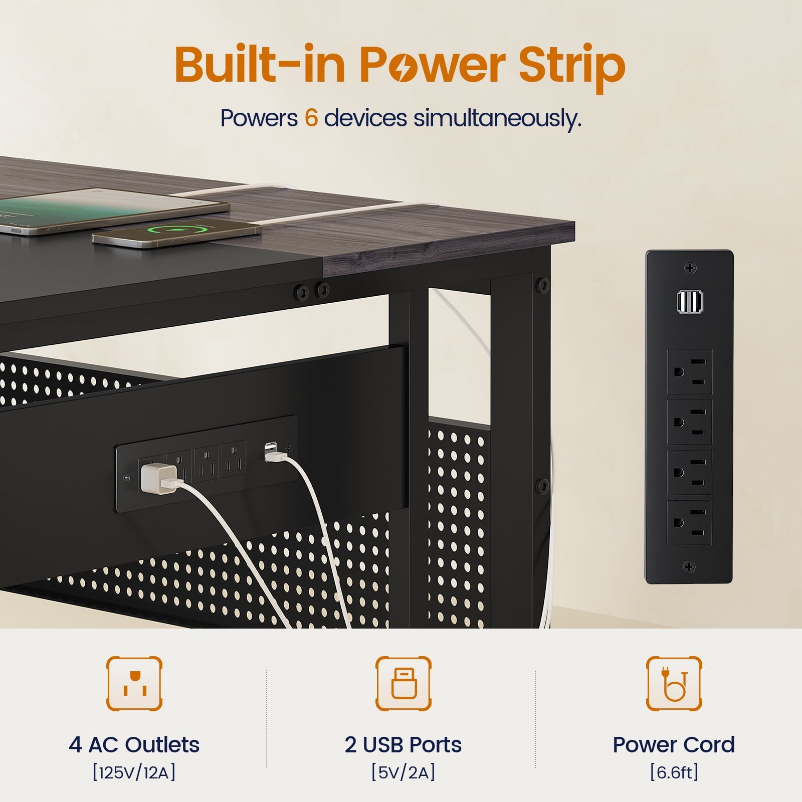 71" Executive Desk with Power Outlets, Modern L Shaped Office Desk with File Drawers and Pegboard, Large Computer Desk, Gray