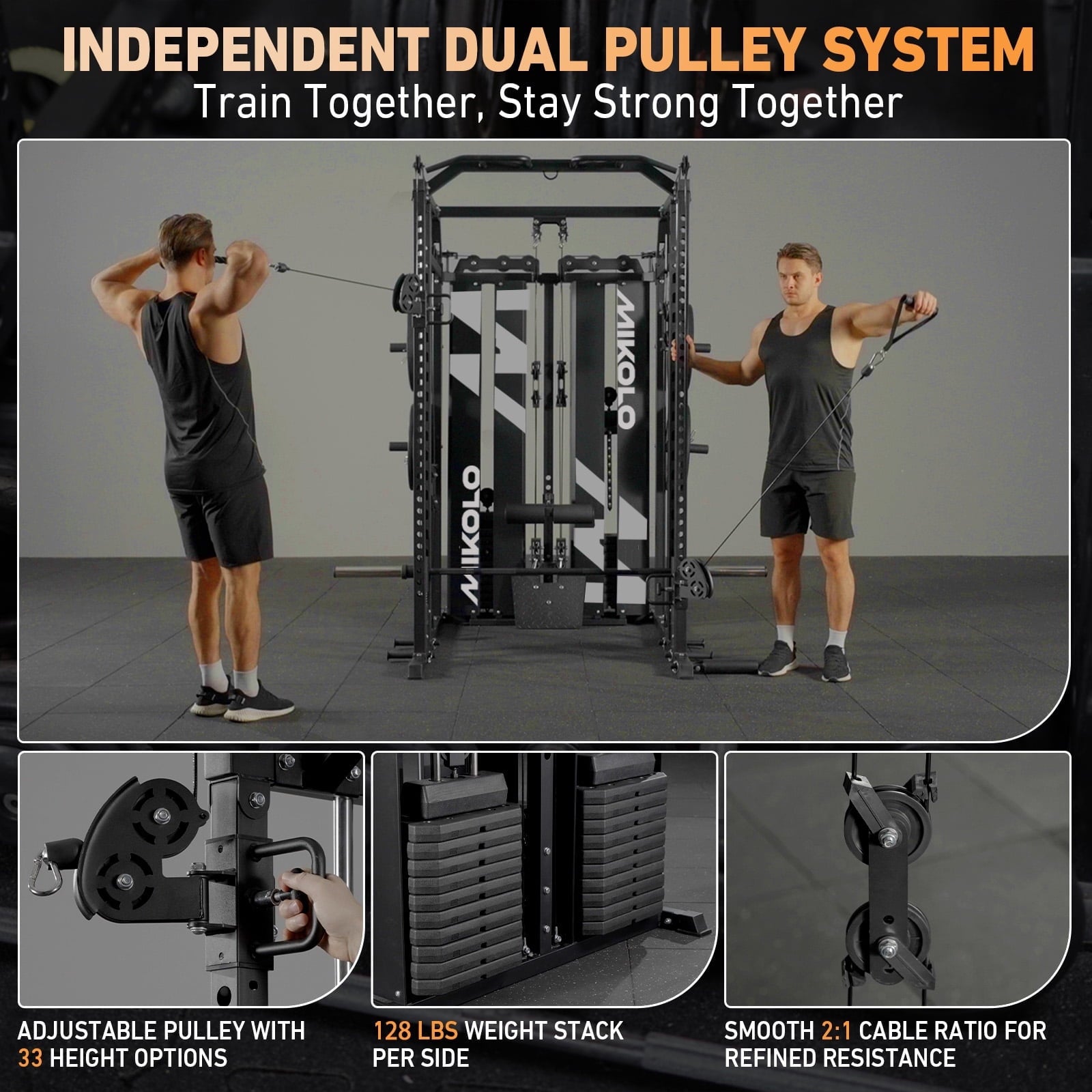 Mikolo Horus Smith Machine & Functional Trainer, 2200LBS Squat Rack with Cable Crossover, 2×2"Uprights (33 Holes), Dual 128LBS Weight Stack, Dual High/Low Cables