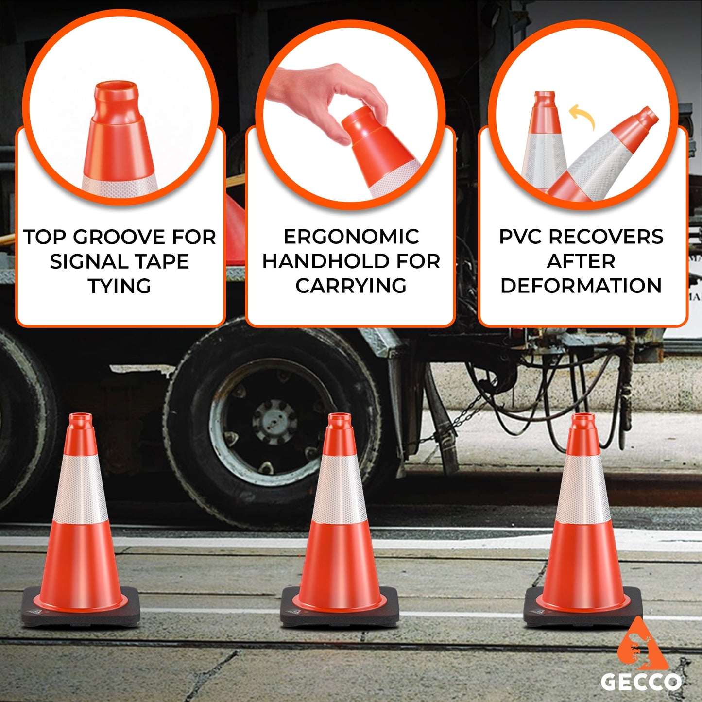 GECCO™ (640 Cones per Pallet) 18 Inch 3.3 Lb Orange Traffic Cones in Bulk | PVC Plastic & Black Base - [PRO SERIES]