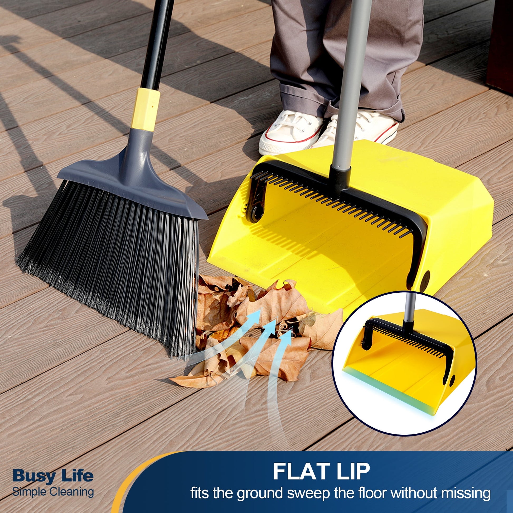 Yocada Heavy Duty Broom and Dustpan 2+1 Set 54" Iron Pole for Household Commercial Yellow&Black