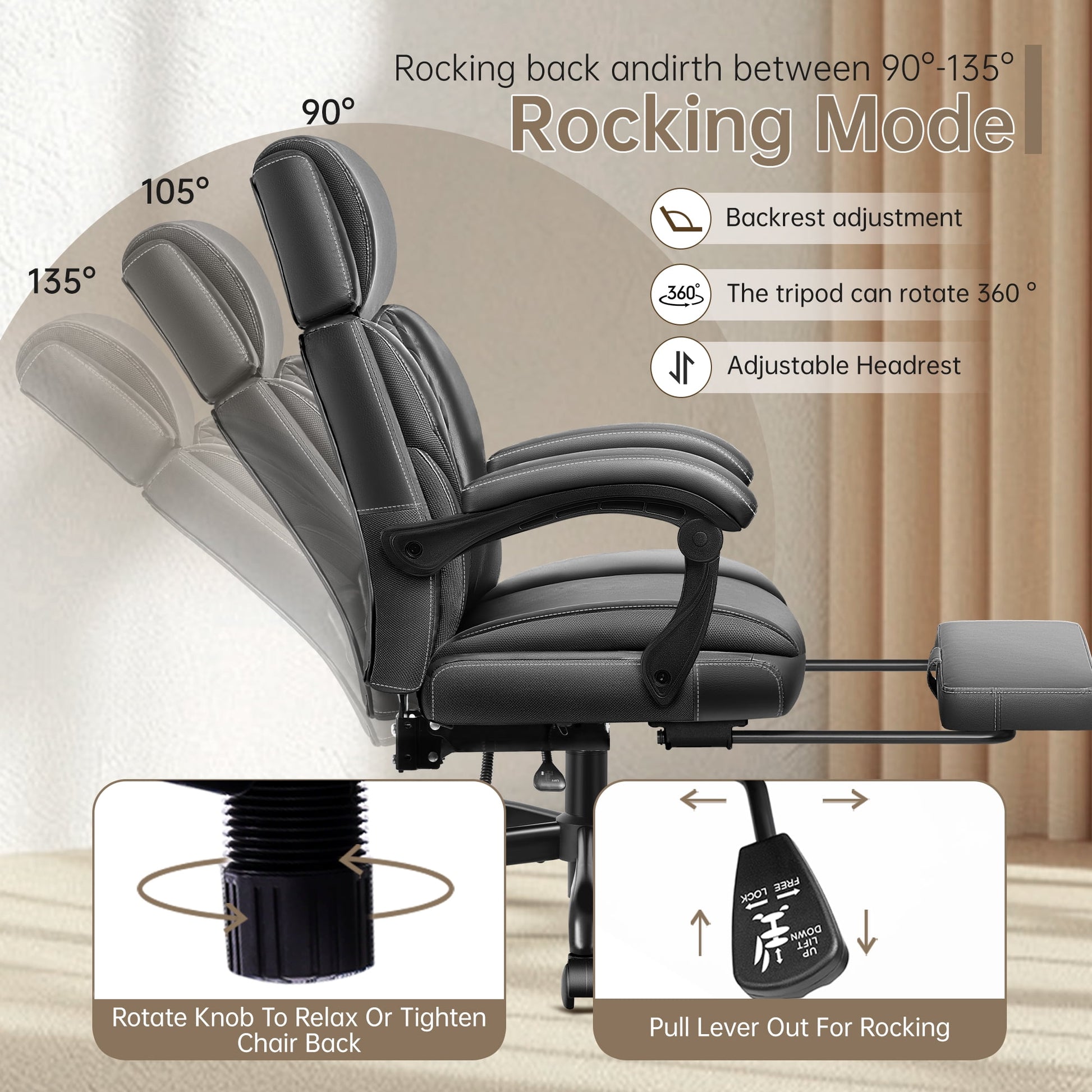 FASTES Big and Tall Ergonomic Office Chair with Footrest - Leather Computer Desk Chair, Reclining High Back Ergonomic Chair with Adjustable Headrest & Lumbar Support, Black