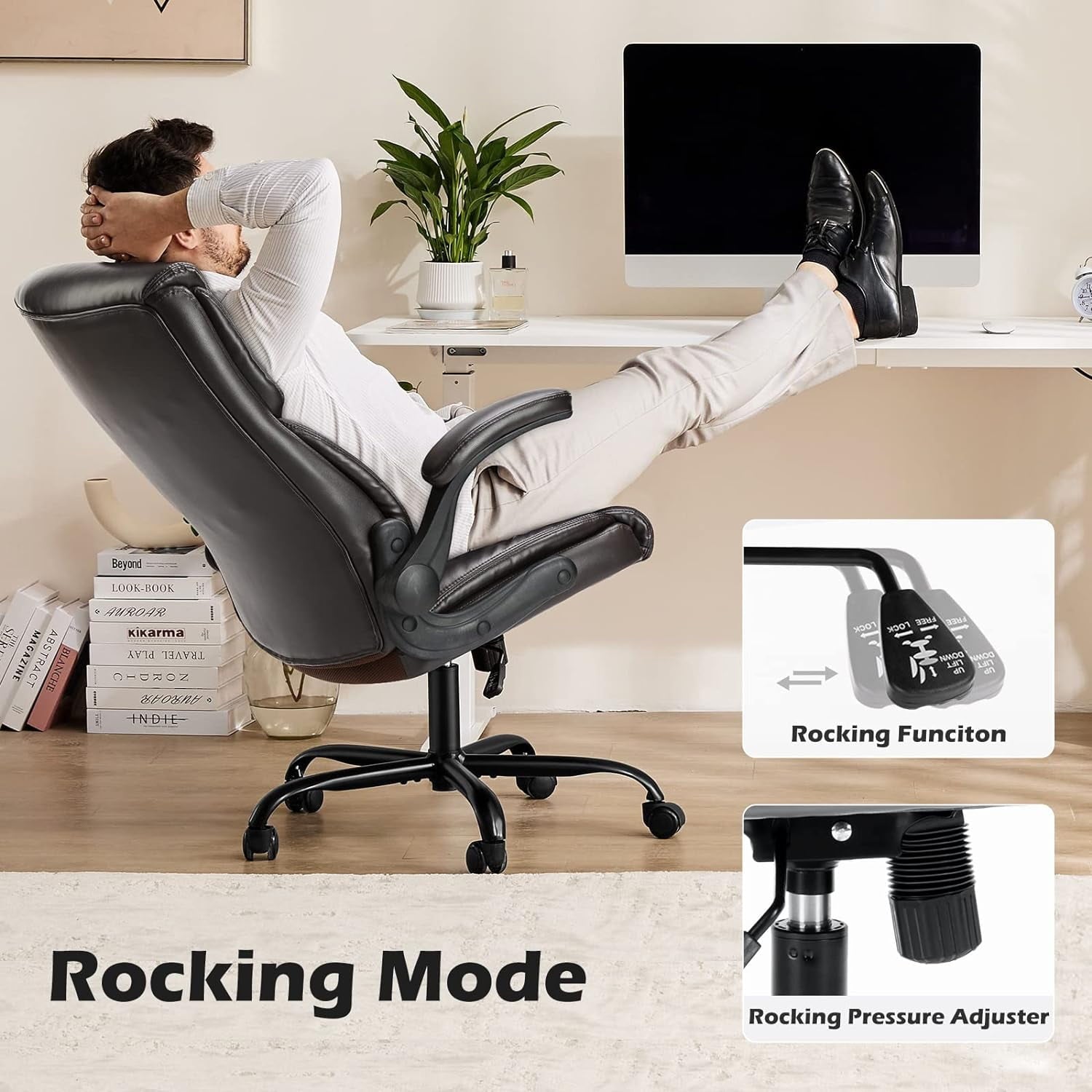 edx Computer Gaming Chair, Ergonomic High Back Heavy Duty Task Desk Office Chairs with Wheels, Flip-up Arms, Adjustable Height, PU Leather, Brown