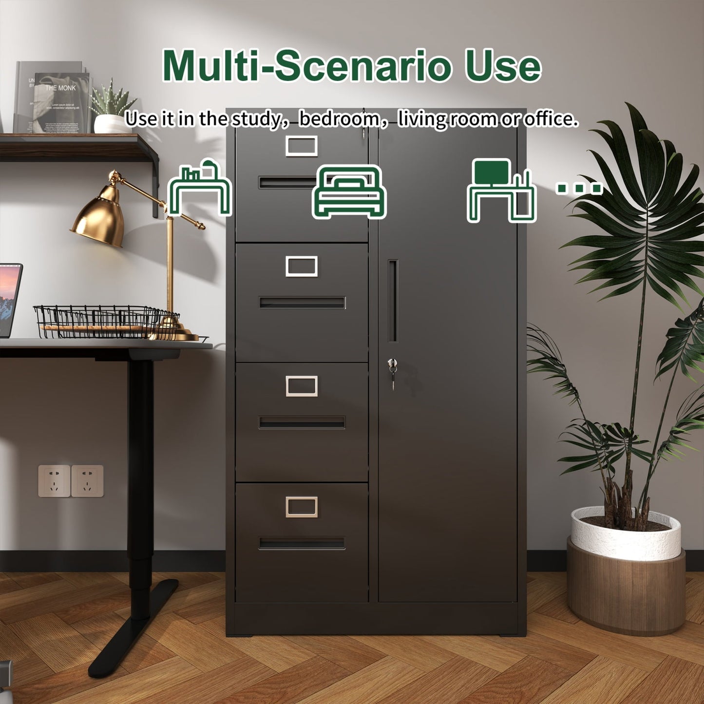 Metal Storage Vertical Filing Cabinet with Lock, Steel File Locker with 4 Drawers and 1 door for School, Living Room, Bedroom, Office