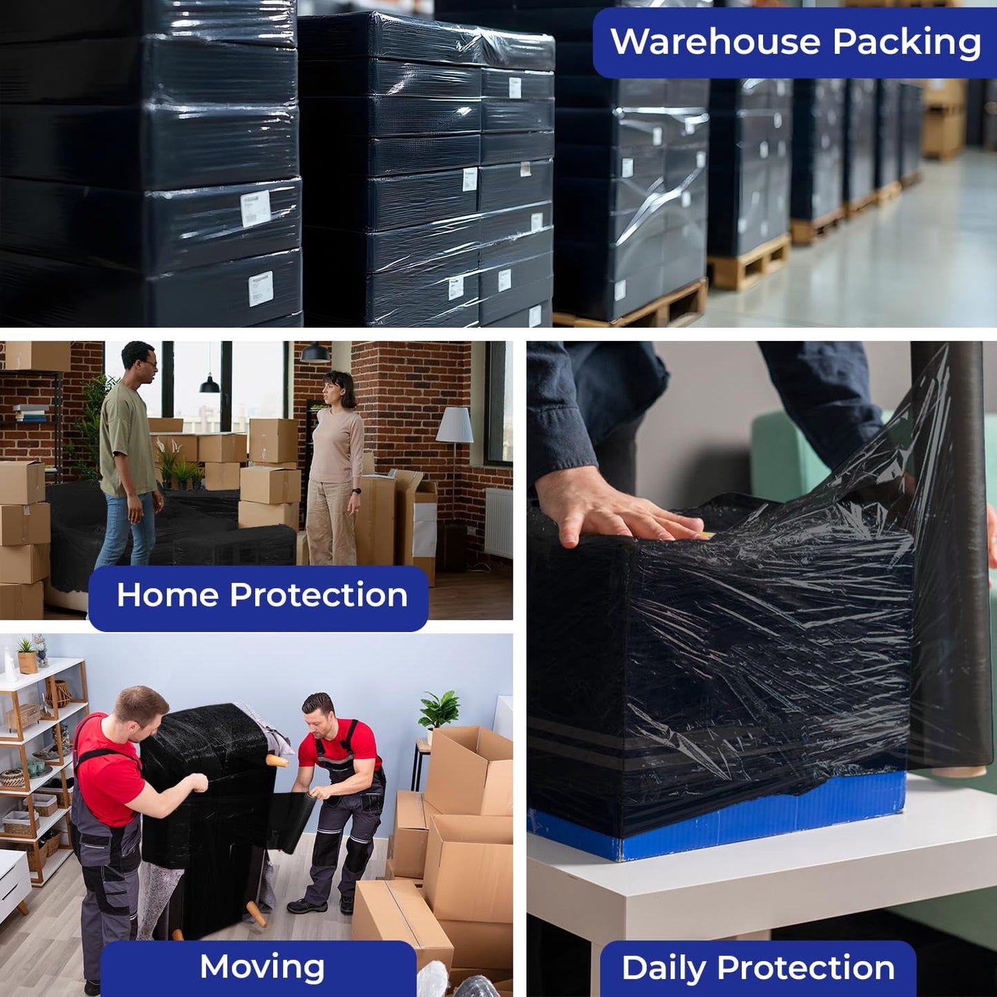 Rosmonde Black Plastic Stretch Wrap Bulk, 128 Rolls Pack, 18 in x 1500 ft, 80 Gauge Thick, 9.4 lbs/Roll, Industrial Strength Shrink Wrap for Warehouse, Moving & Secure Pallet Wrapping