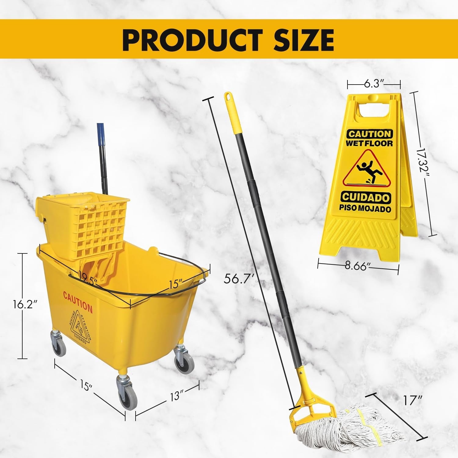 KYascend Commercial Mop Bucket System, Side Press Wringer, 38Qt Yellow, Mobile with Wheels, Complete with 2 Mop Heads