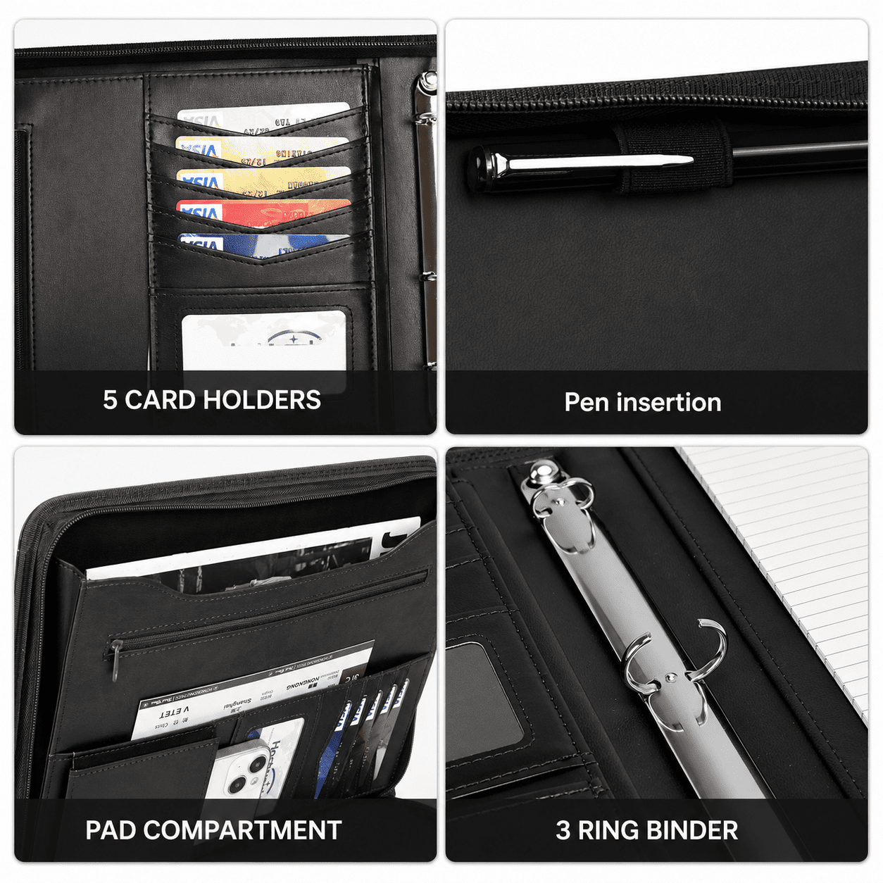 NATISERAUM Portfolio Binder, Includes 10 Sheet Protectors and 3 Notepads, 3-Ring Folder Organizer, A4 Padfolio with Zipper, Vegan Leather Tablet Sleeve,Office Supplies