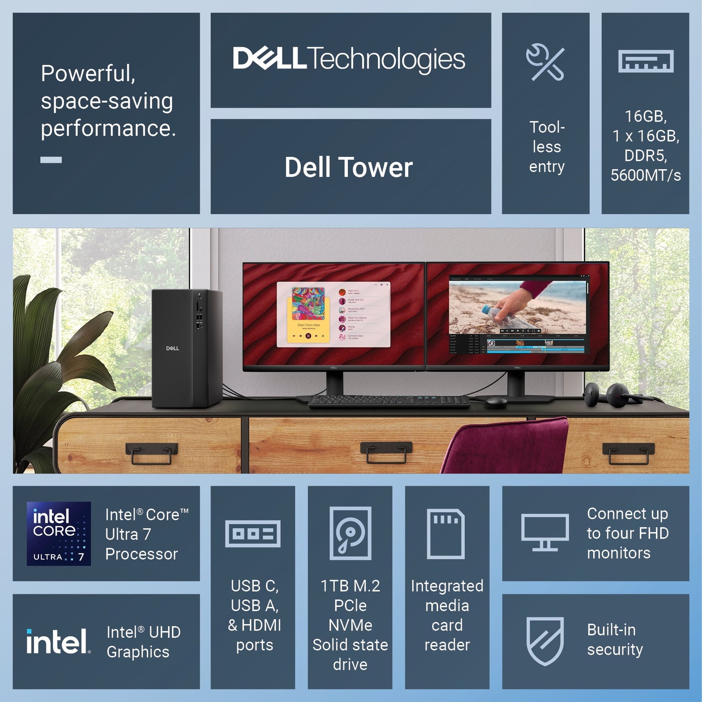 Dell Tower Desktop, Intel® Core™ Ultra 7, 16 GB, DDR5, 1 TB, Black, Windows 11 Home