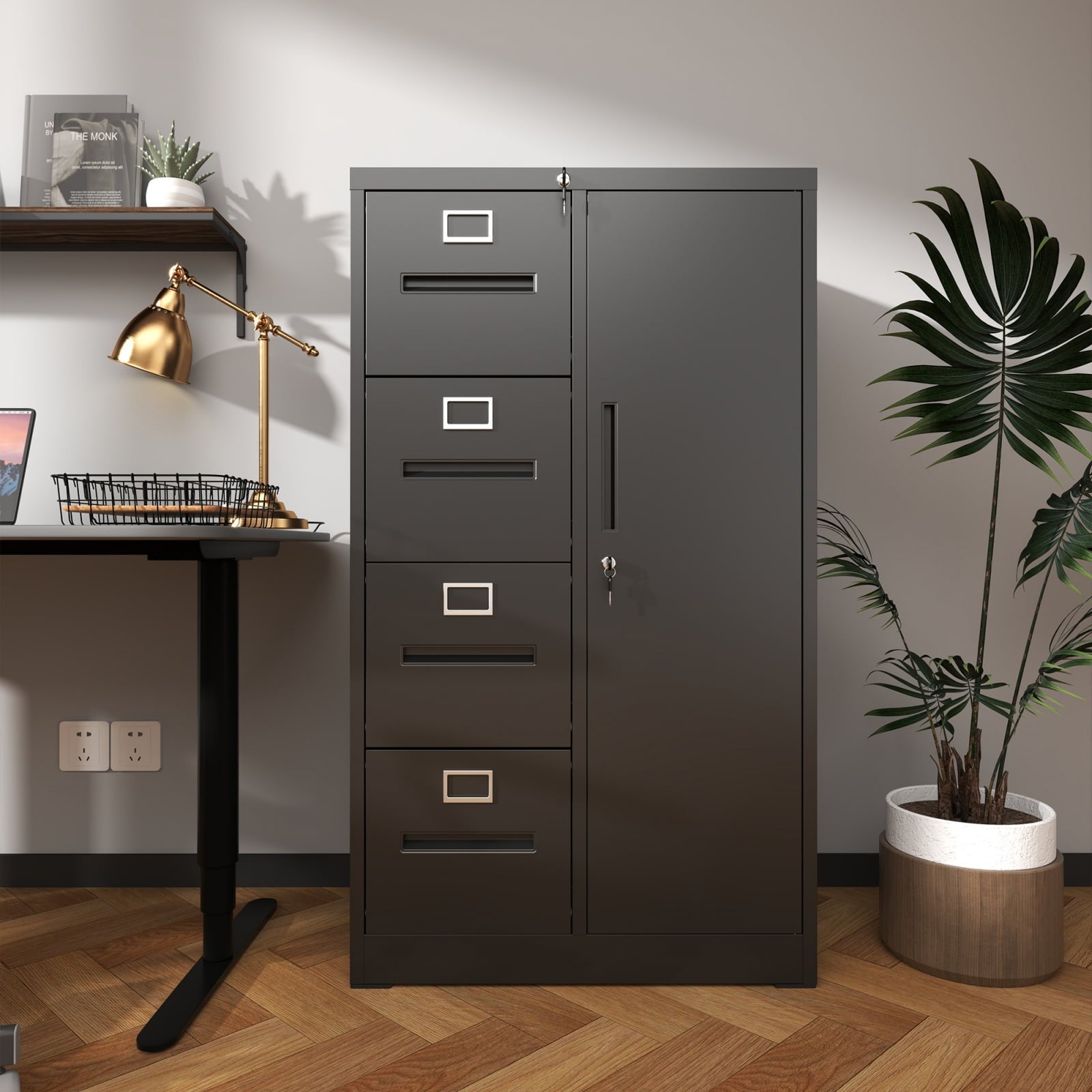 Metal Storage Vertical Filing Cabinet with Lock, Steel File Locker with 4 Drawers and 1 door for School, Living Room, Bedroom, Office