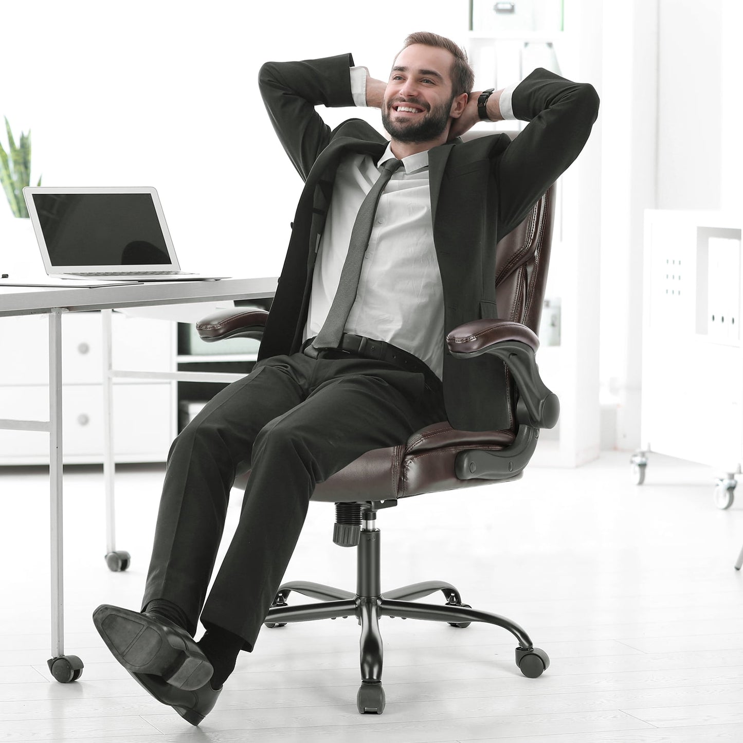 edx Computer Gaming Chair, Ergonomic High Back Heavy Duty Task Desk Office Chairs with Wheels, Flip-up Arms, Adjustable Height, PU Leather, Brown