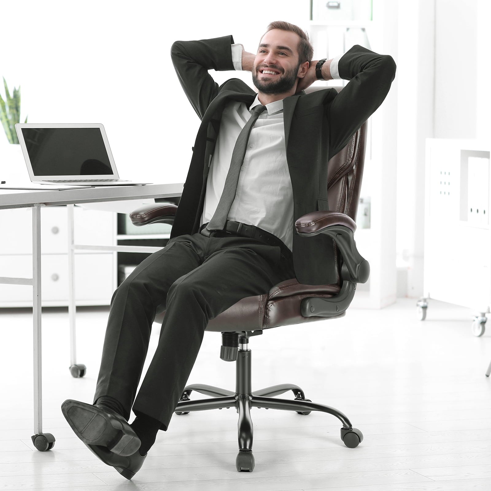 edx Computer Gaming Chair, Ergonomic High Back Heavy Duty Task Desk Office Chairs with Wheels, Flip-up Arms, Adjustable Height, PU Leather, Brown